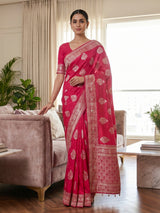 Crimson red floral arch festive dola silk saree