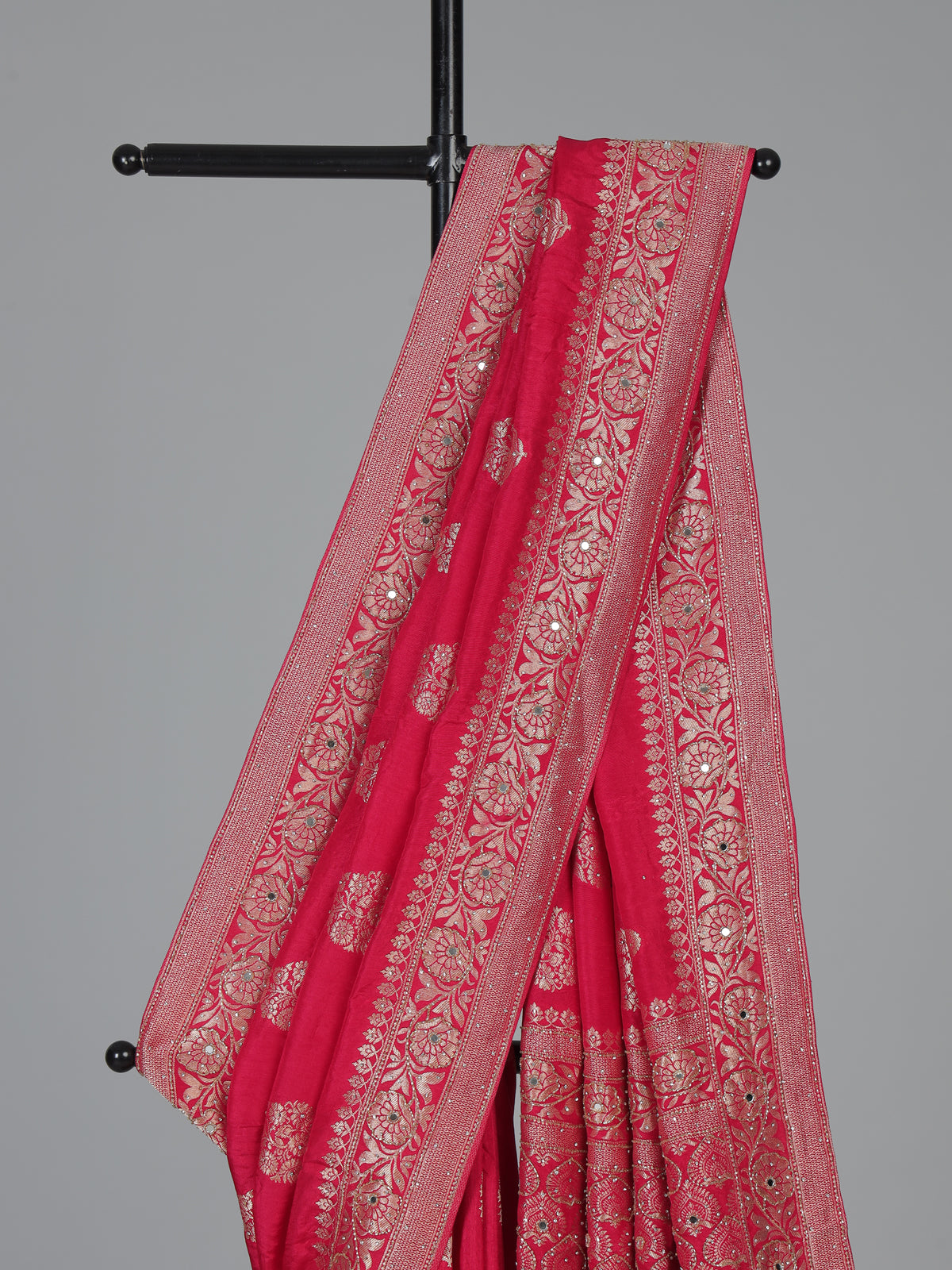 Crimson red floral arch festive dola silk saree