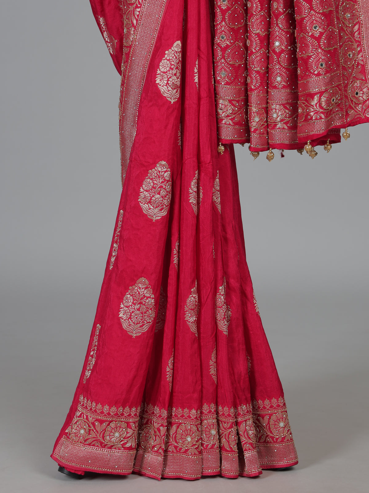 Crimson red floral arch festive dola silk saree