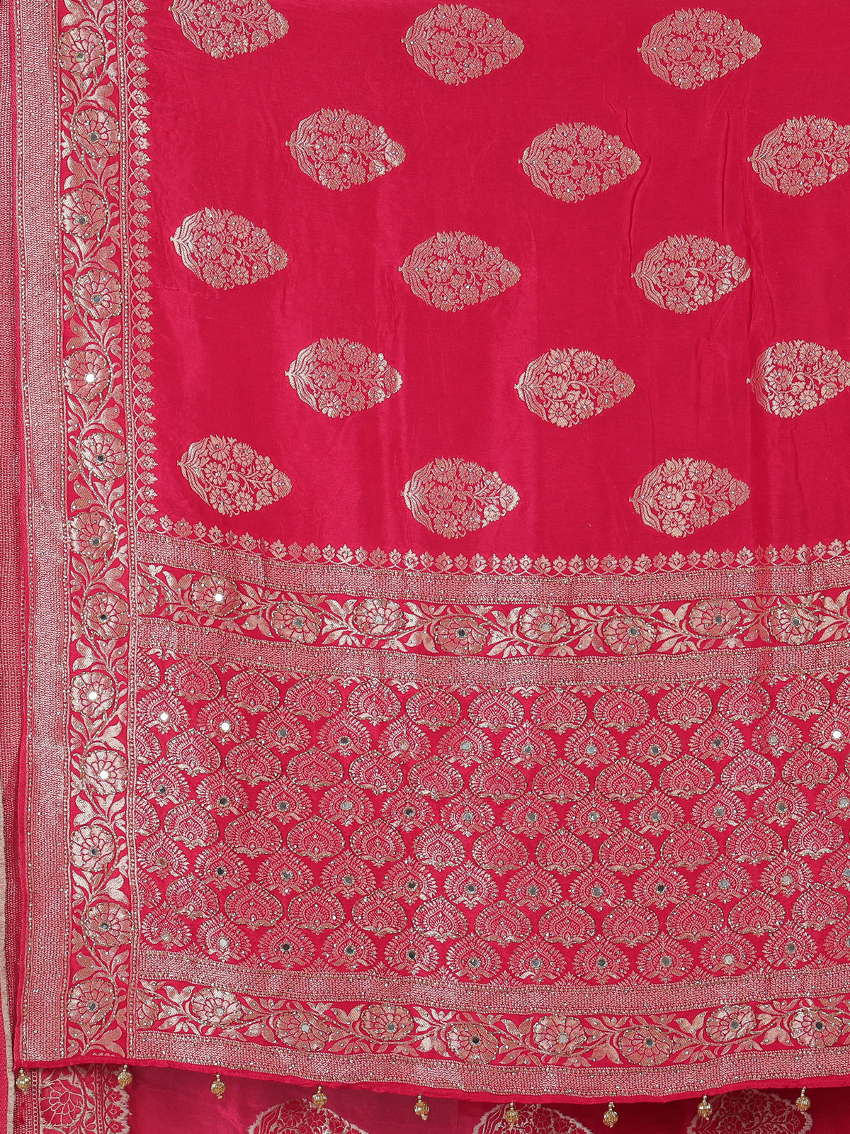 Crimson red floral arch festive dola silk saree