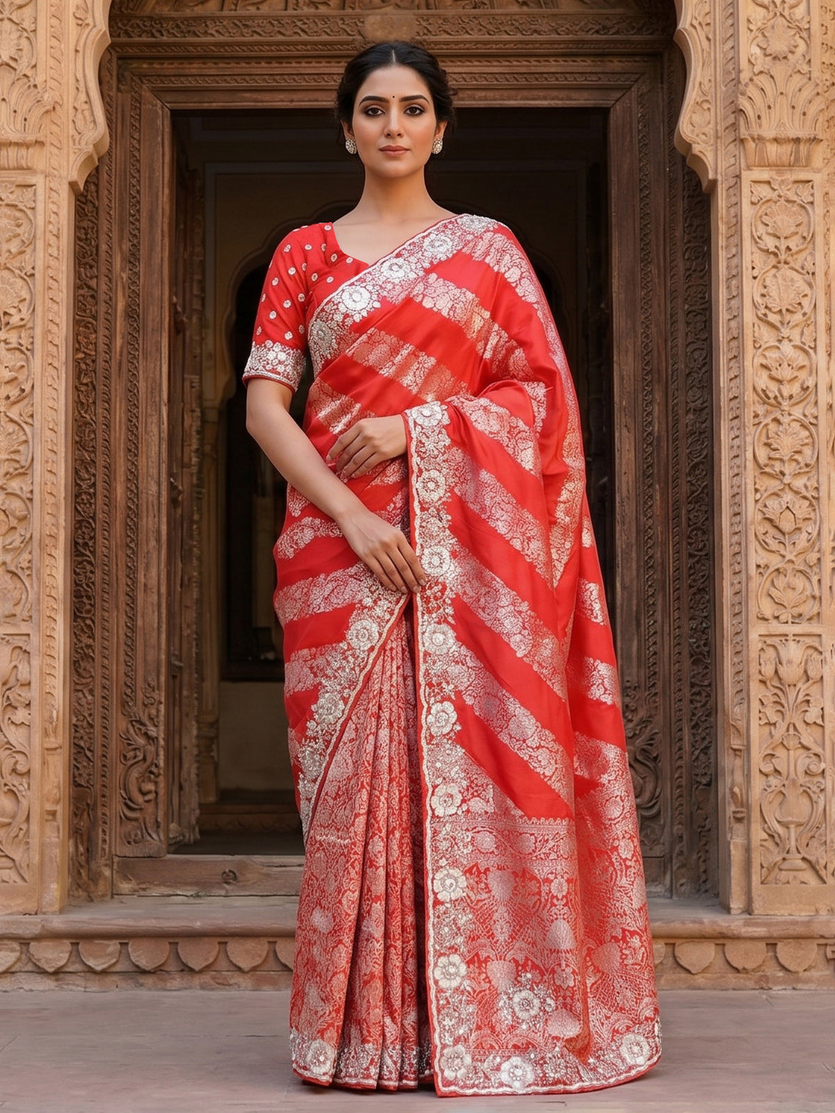 Royal orange dola silk leheriya zari wedding saree