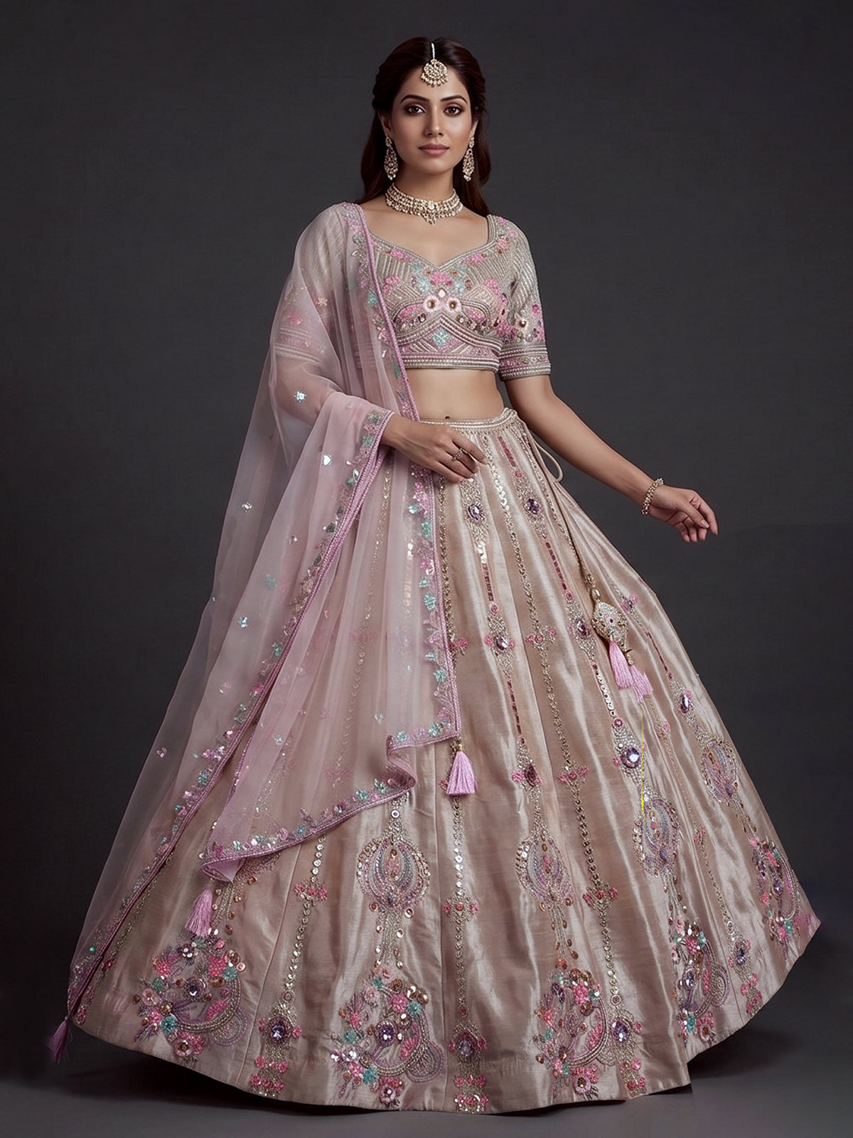 Beige mirror lehenga with pastel dupatta