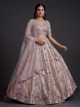 Beige mirror lehenga with pastel dupatta