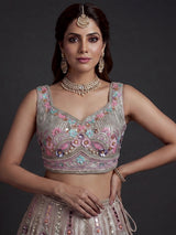 Beige mirror lehenga with pastel dupatta