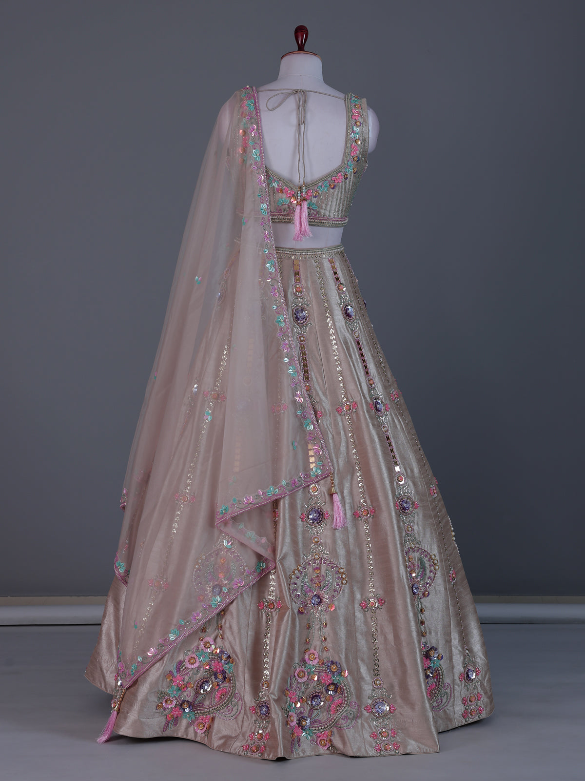 Beige mirror lehenga with pastel dupatta