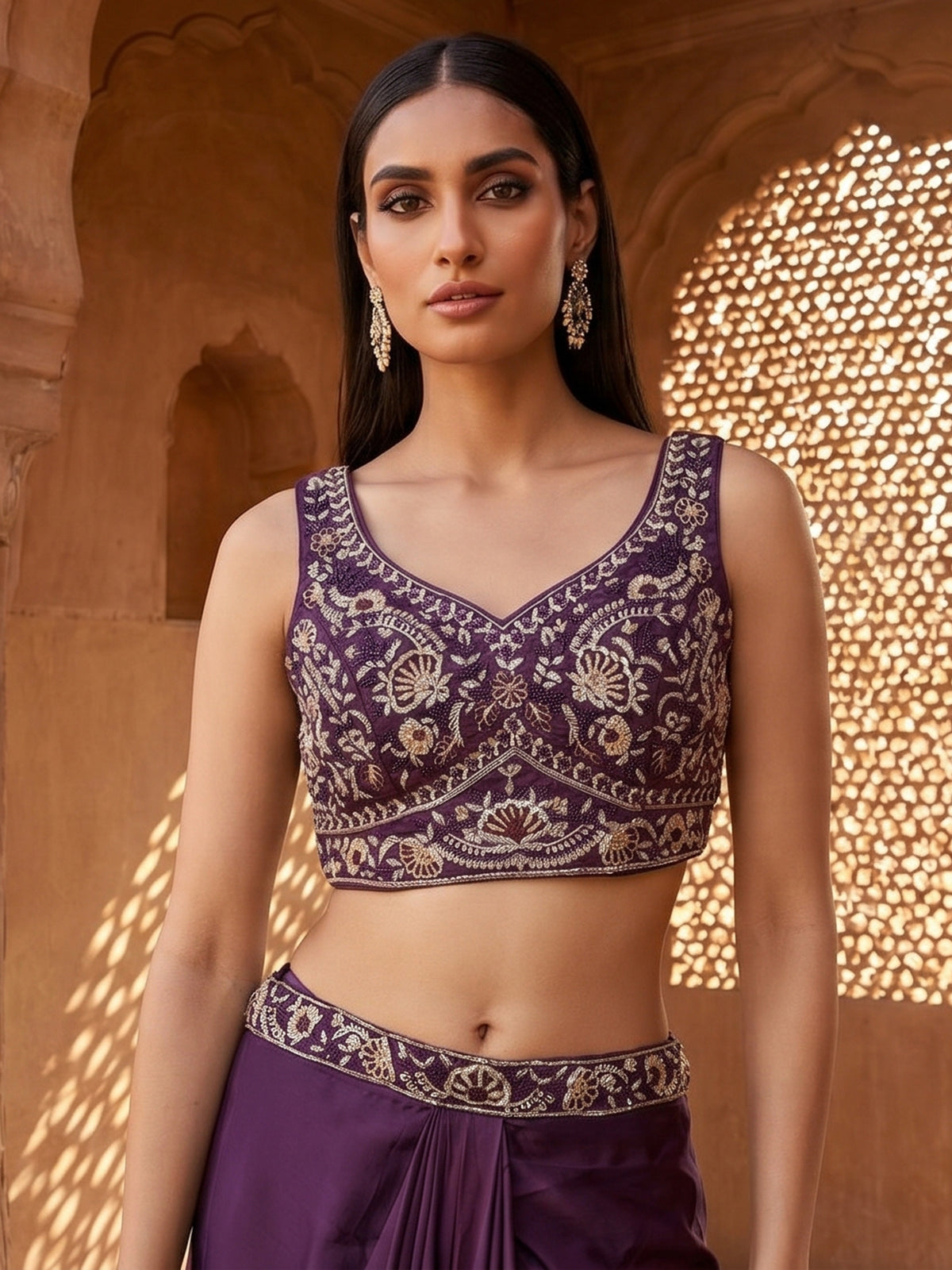 Regal deep purple drape indowestern suit ensemble