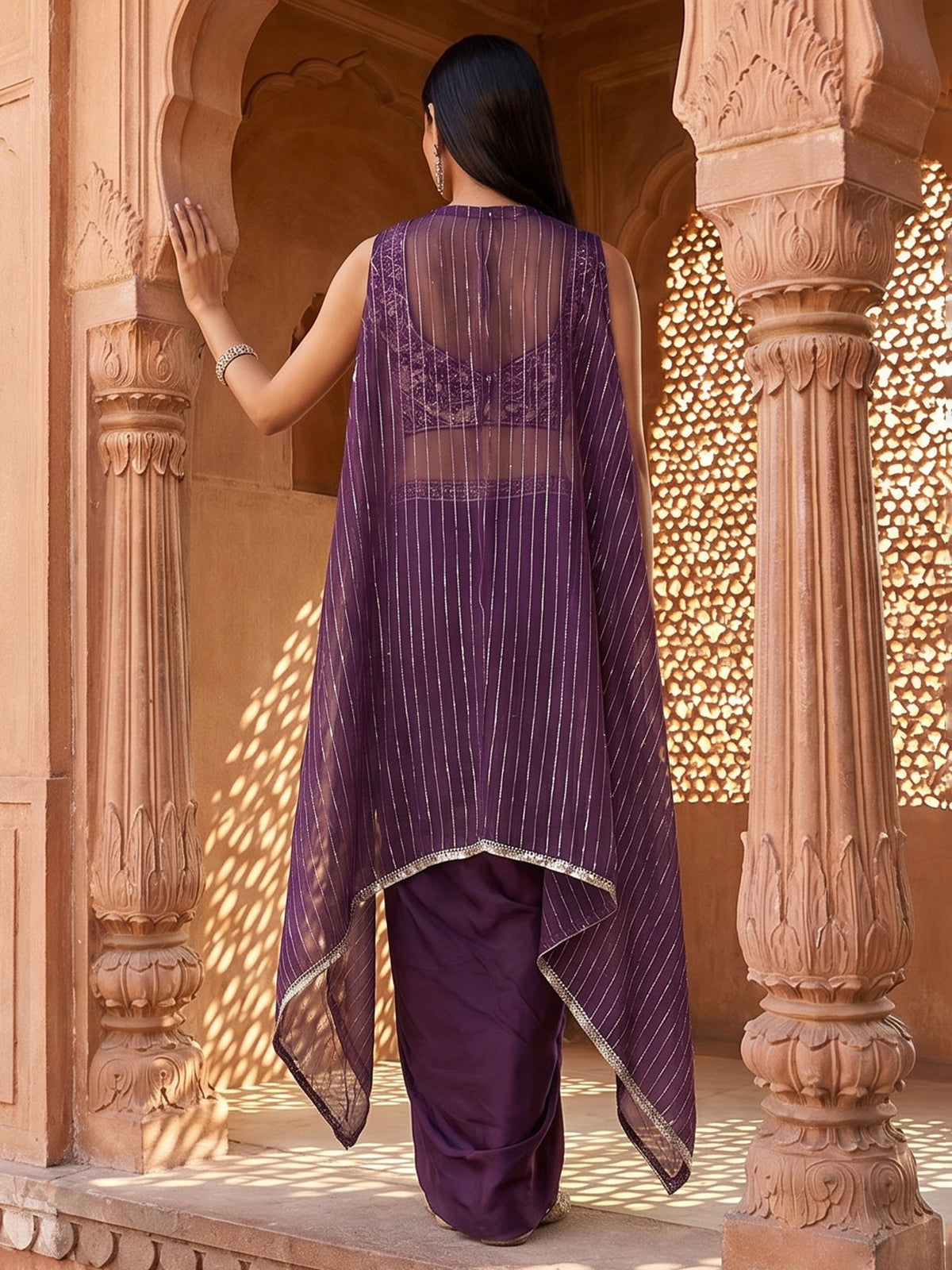 Regal deep purple drape indowestern suit ensemble