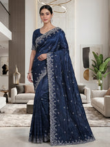 Majestic navy blue festive organza saree