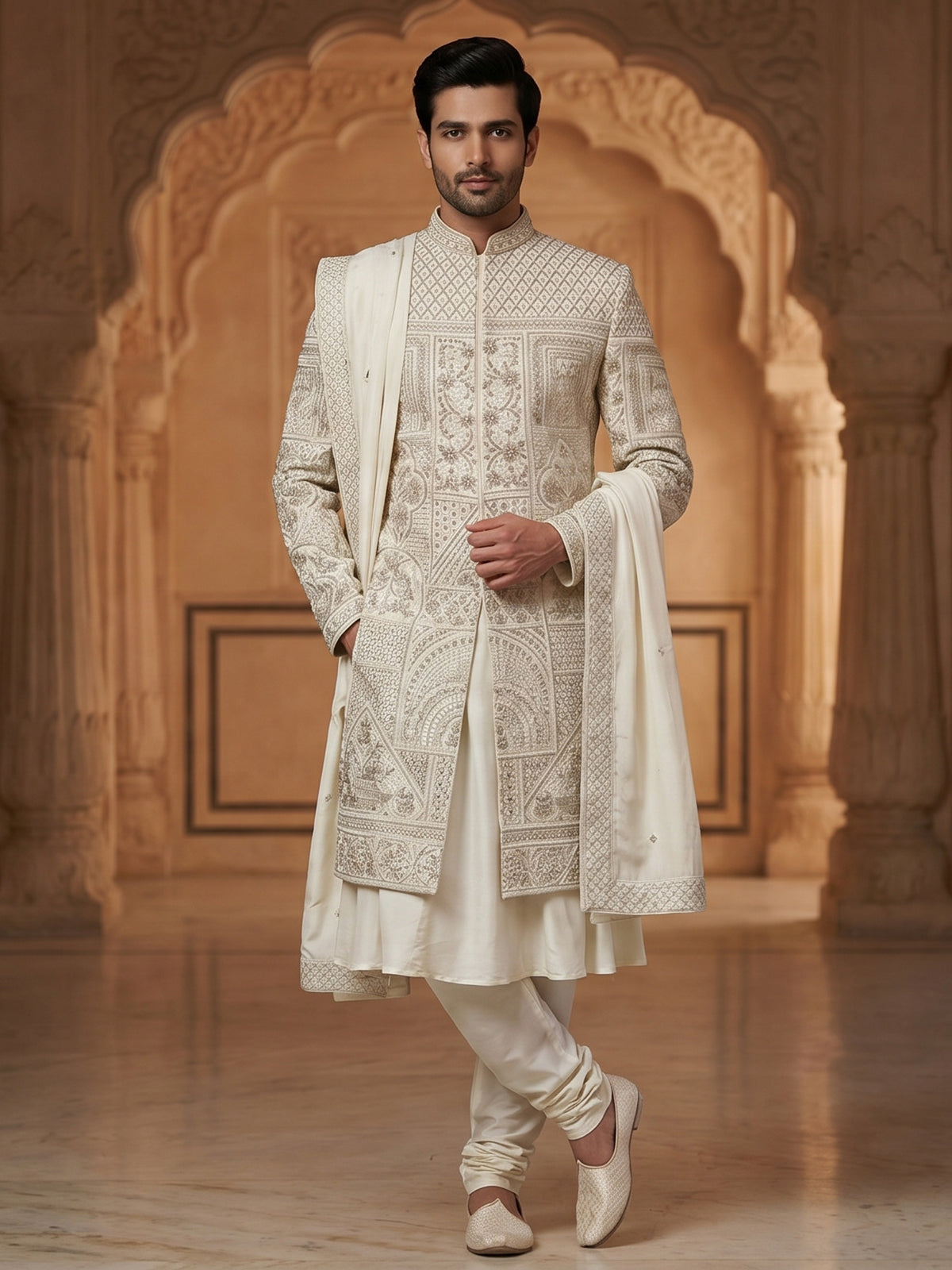 Elegant pista green raw silk full sleeves sherwani