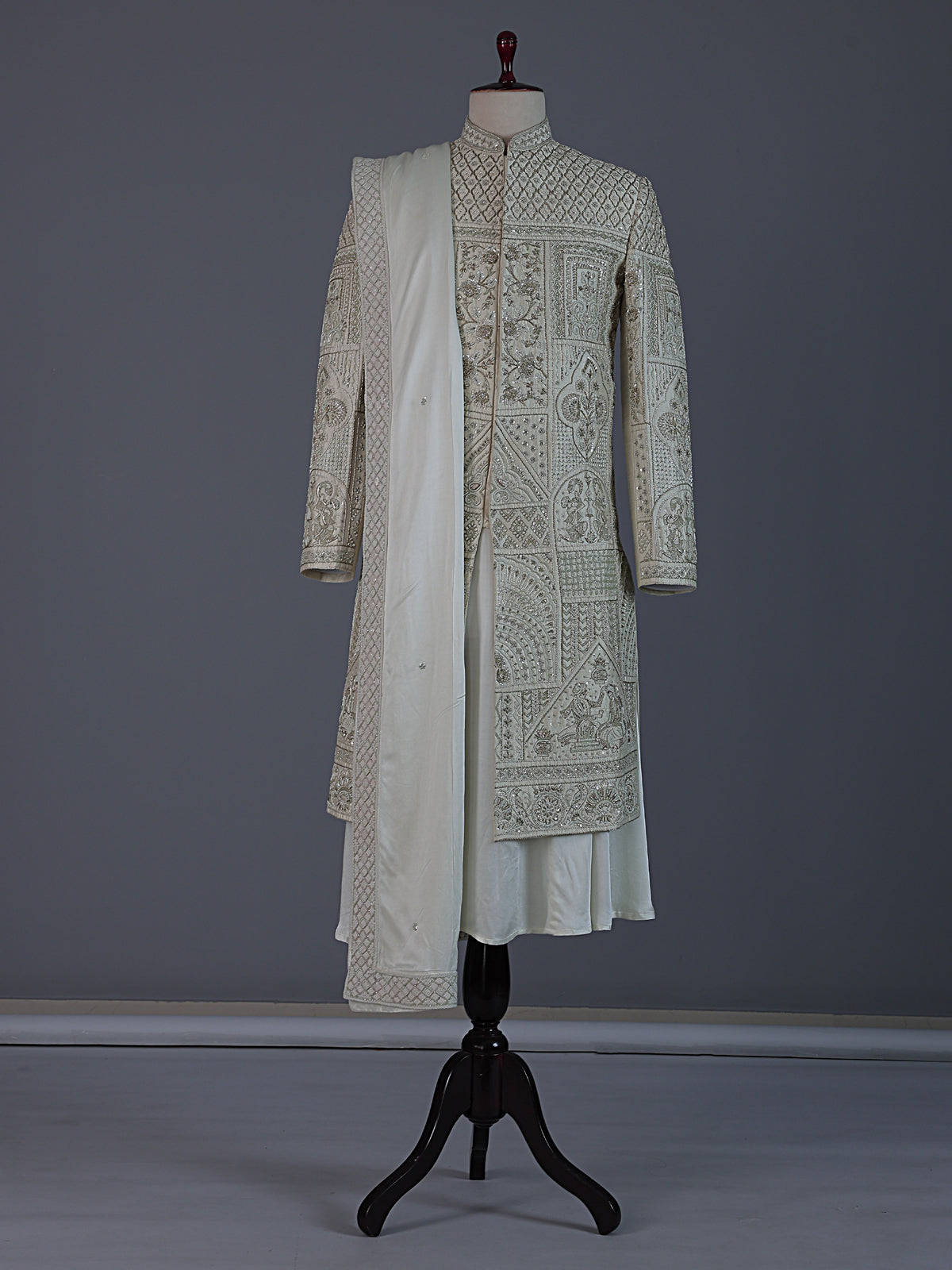 Elegant pista green raw silk full sleeves sherwani