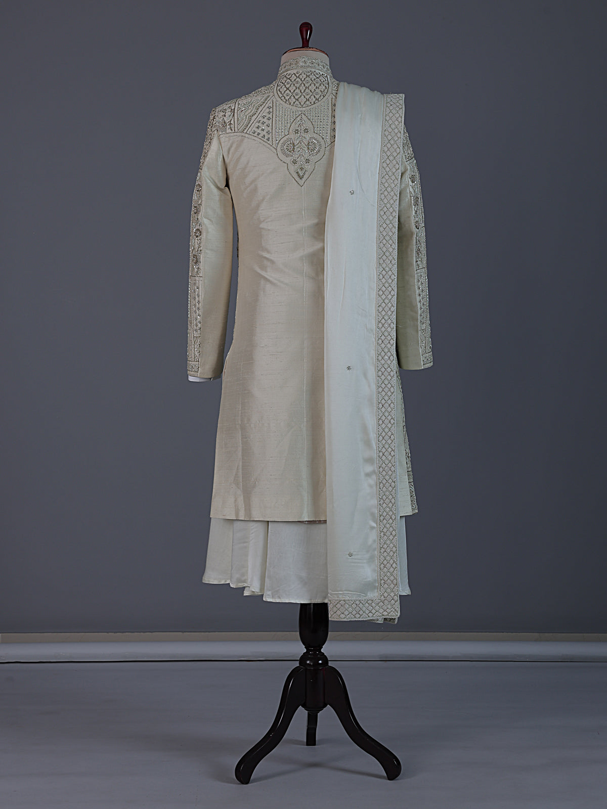 Elegant pista green raw silk full sleeves sherwani