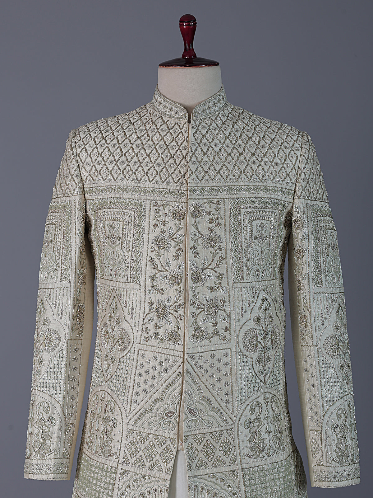 Elegant pista green raw silk full sleeves sherwani