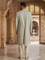 Sophisticated pista green jacquard silk full sleeves sherwani
