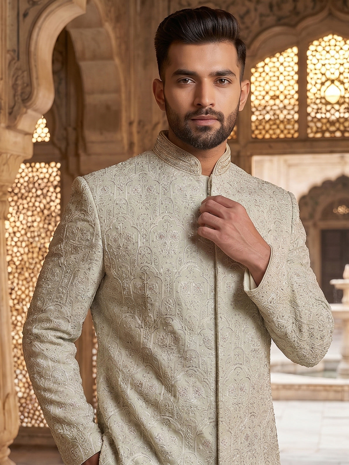 Sophisticated pista green jacquard silk full sleeves sherwani