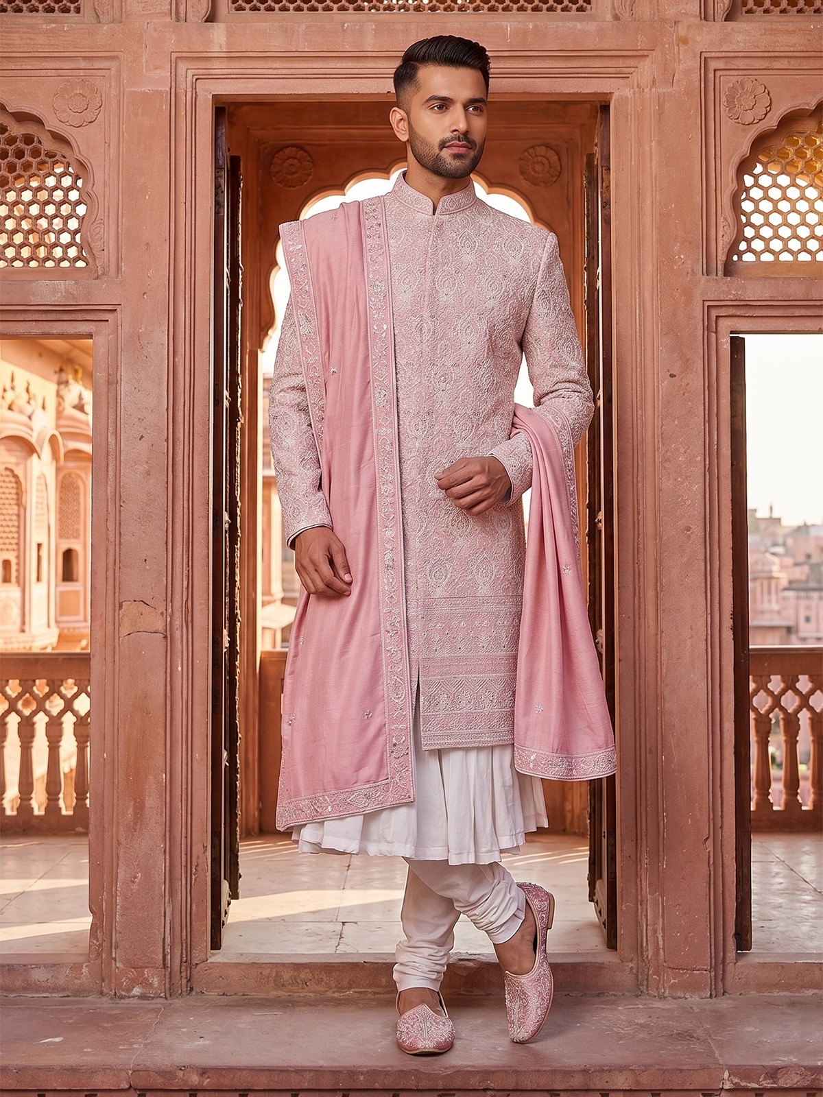 Premium pink silk full sleeves sherwani ensemble