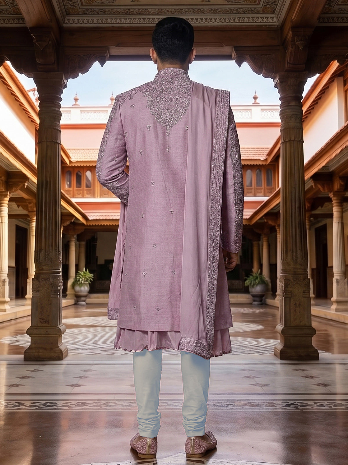 Classic light pink banarasi silk full sleeves sherwani