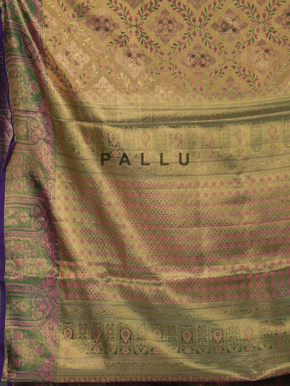 Golden Kanjivaram silk saree with zari shine