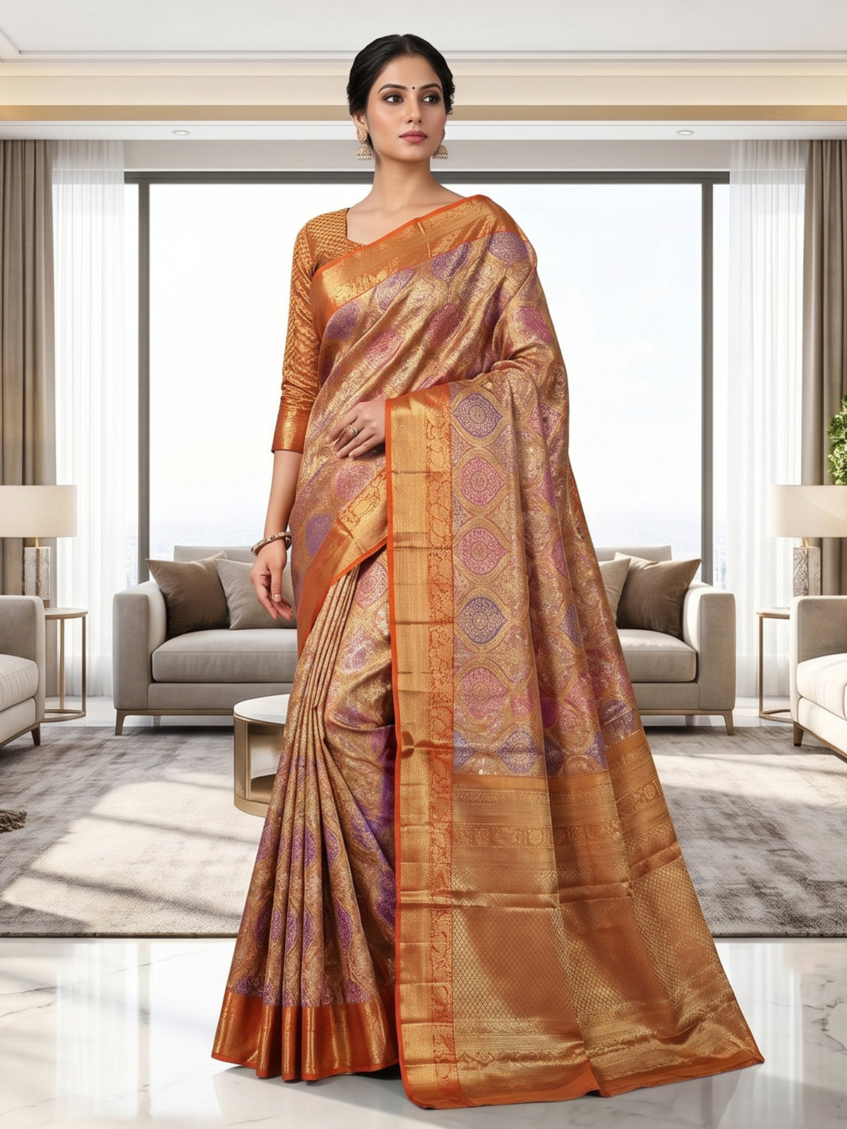 Golden Kanjivaram silk saree for weddings with ethnic motifs