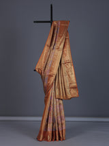 Golden Kanjivaram silk saree for weddings with ethnic motifs