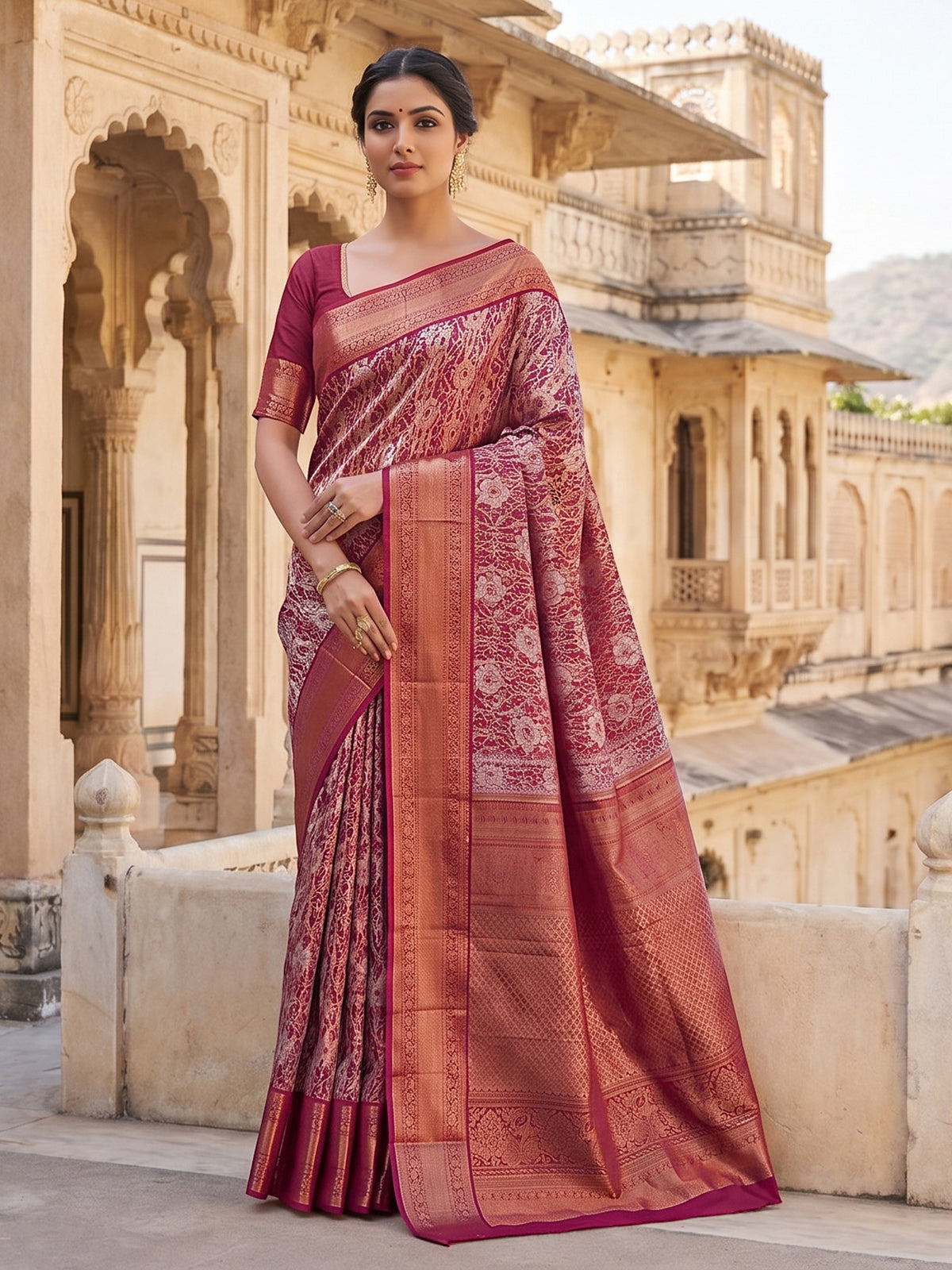 Pink Kanjivaram silk saree with all over jaal motifs