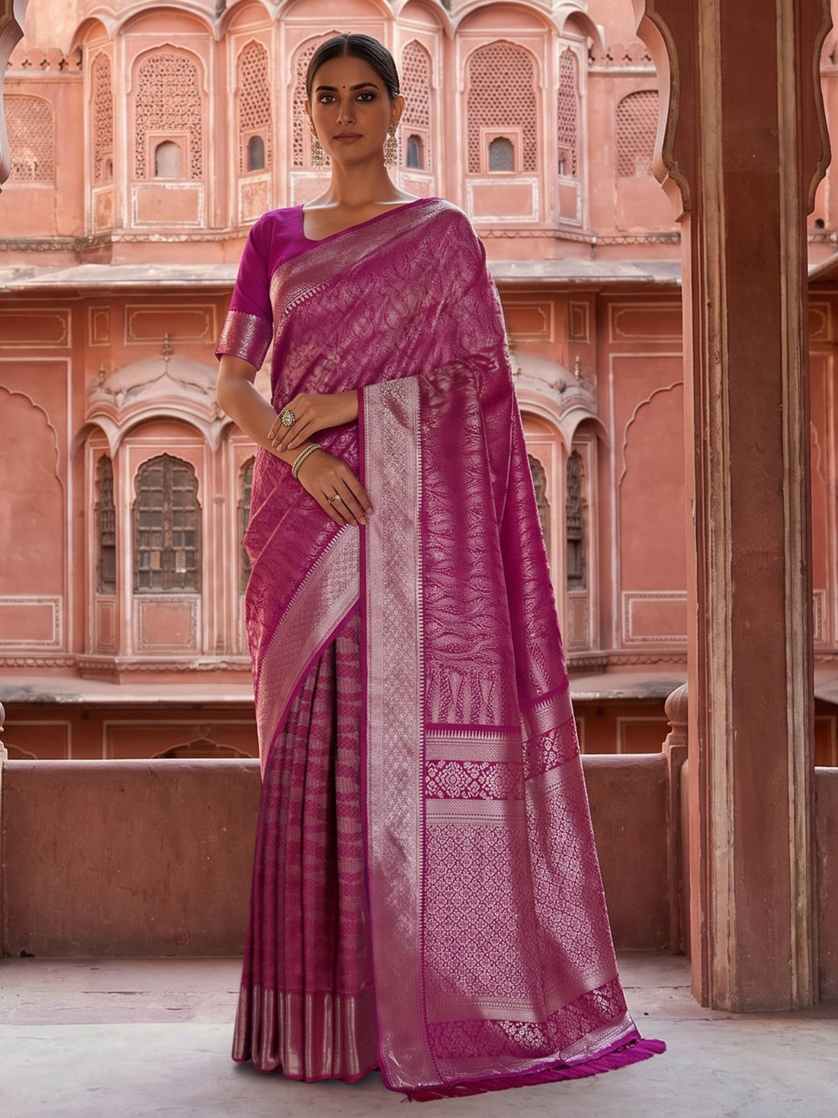 Pink Kanjivaram silk saree with all-over zari shine