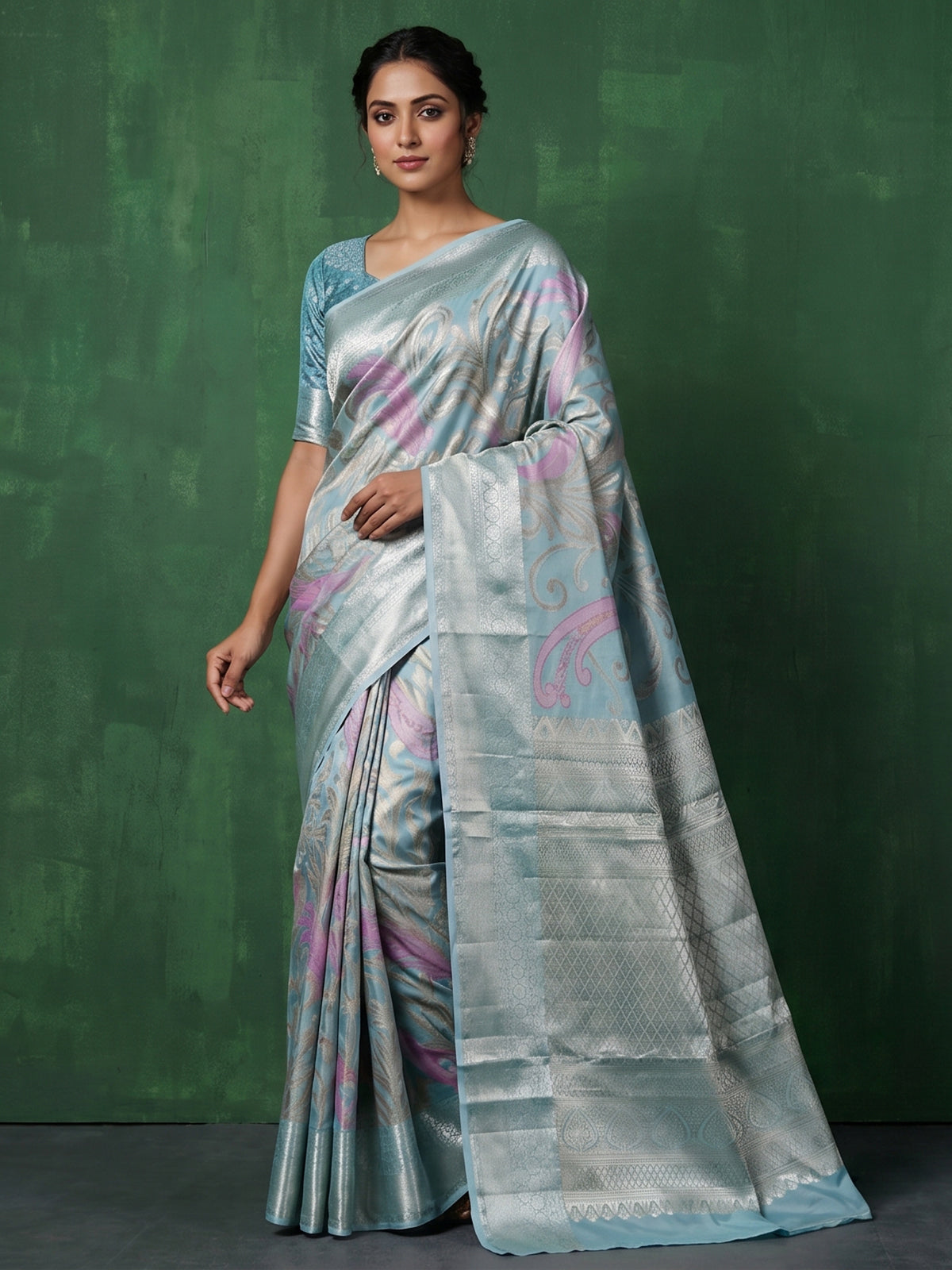 Aqua blue Kanjivaram silk saree for wedding celebrations