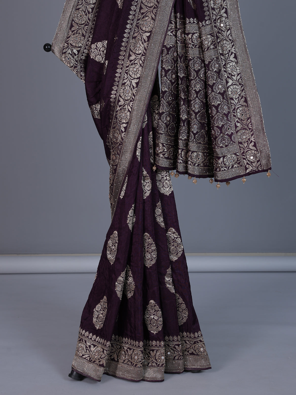 Wine dola silk saree with cutdana work