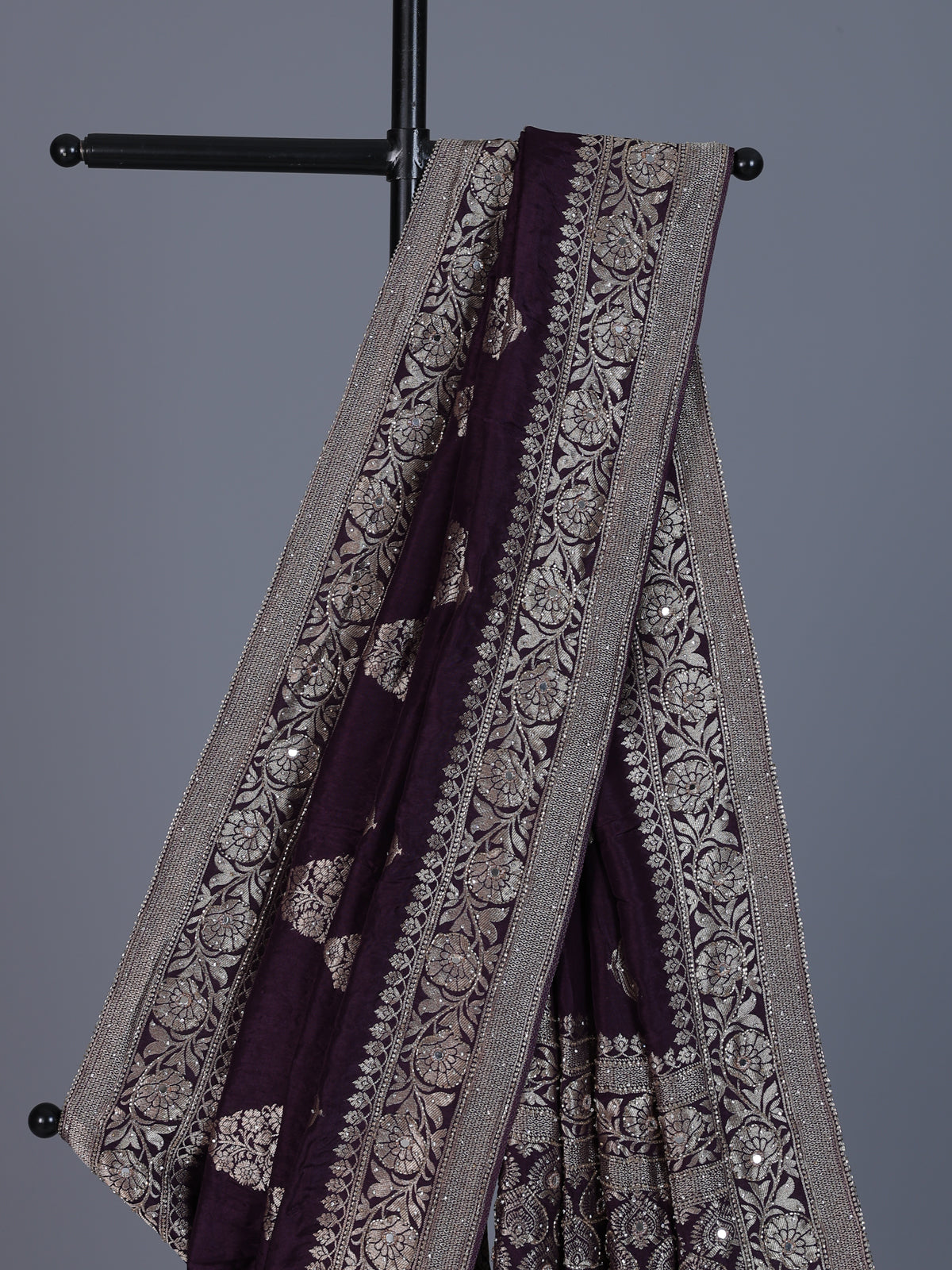 Wine dola silk saree with cutdana work