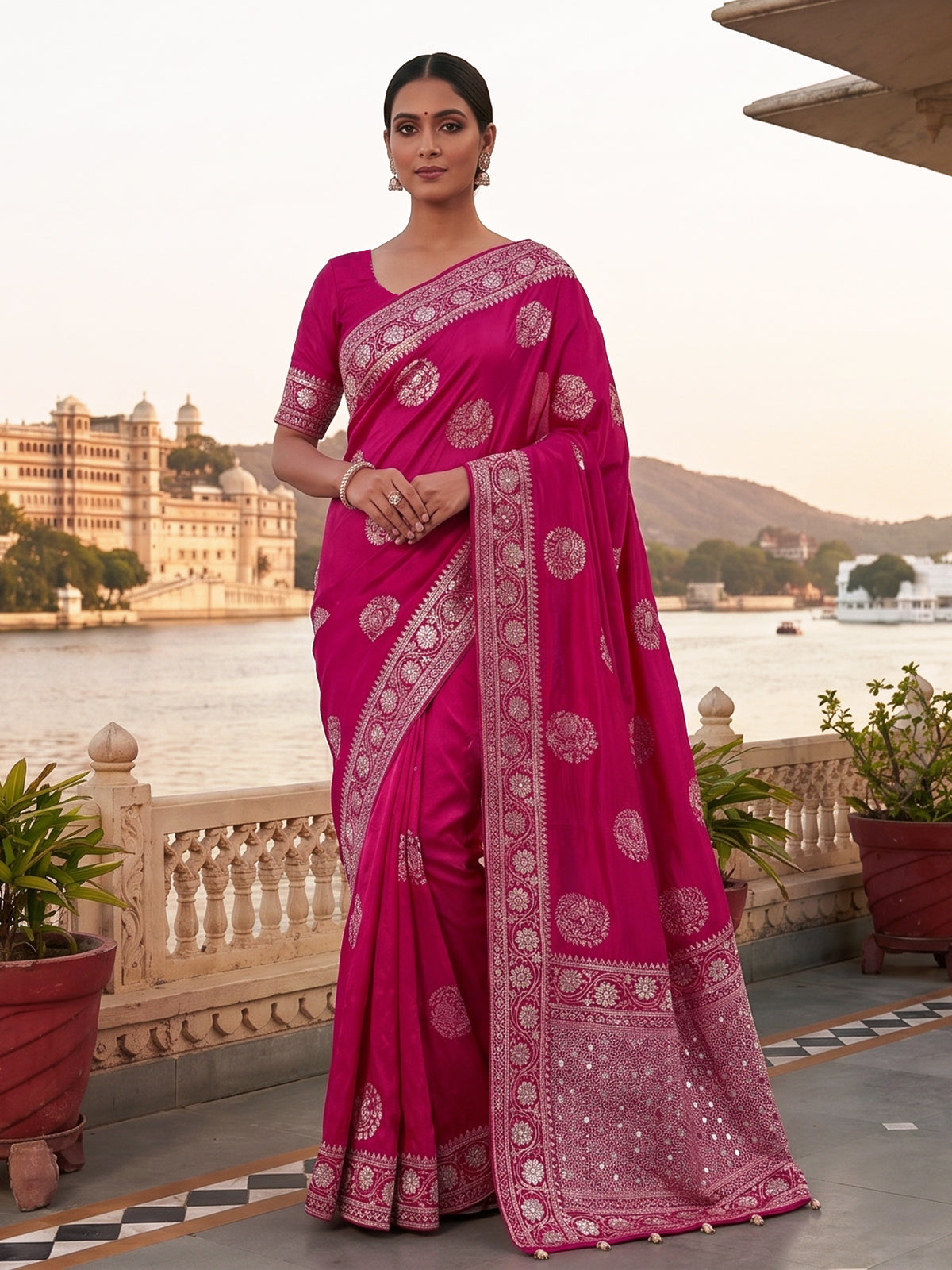 Pink wedding wear dola silk saree with rich embellished border