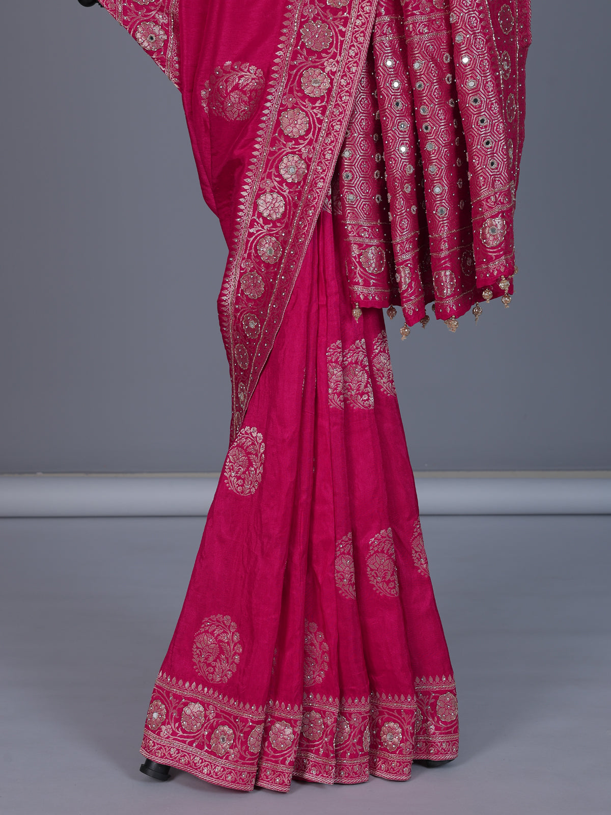 Pink wedding wear dola silk saree with rich embellished border