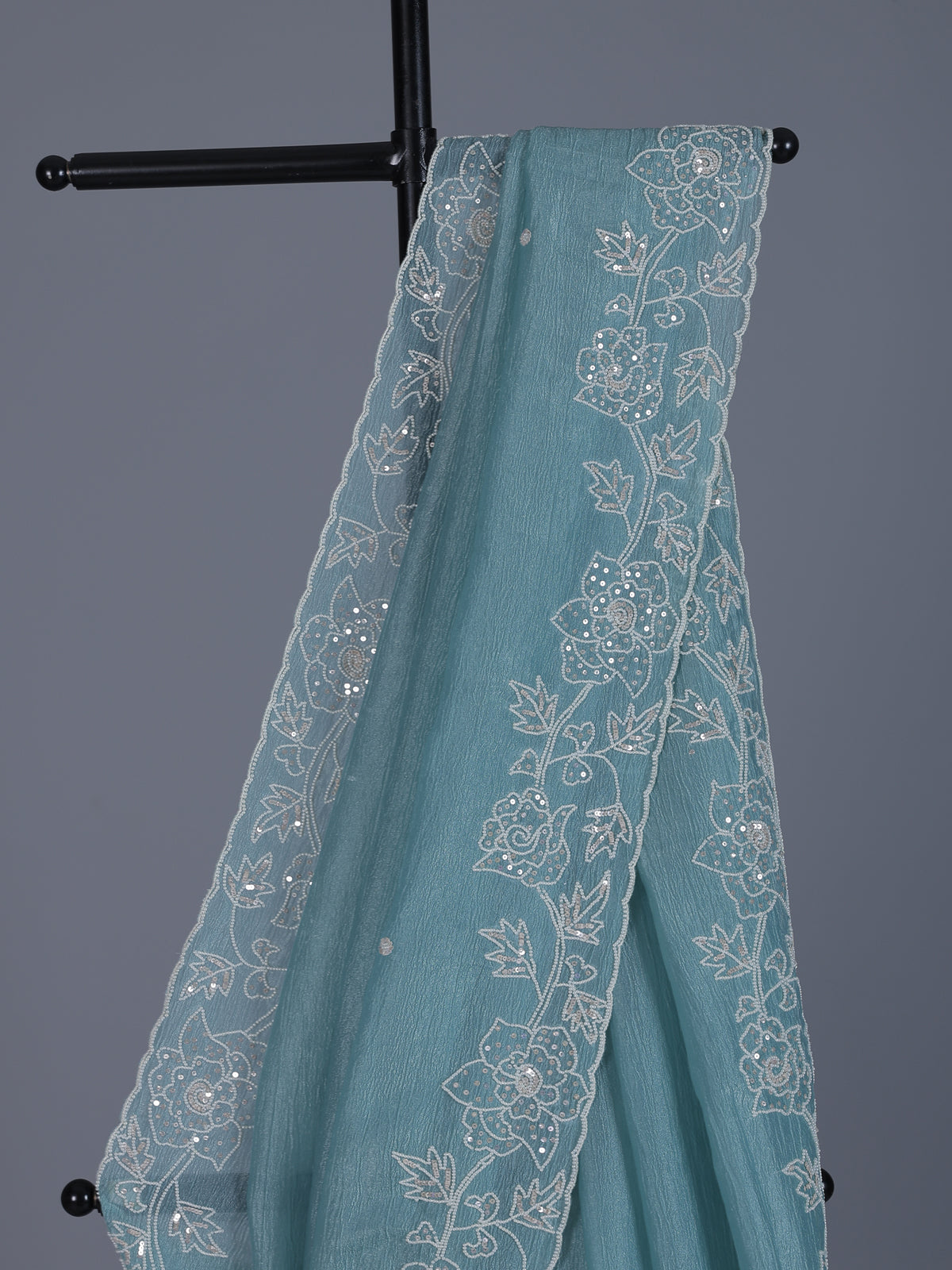 Firozi blue crushed tissue saree with radiant sequins elegance