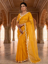 Mustard yellow organza tissue saree with festive sequins shimmer