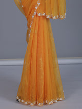 Mustard yellow organza tissue saree with festive sequins shimmer