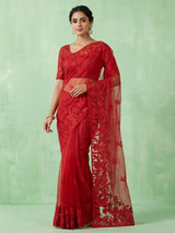 Red organza tissue saree with elegant embroidered party wear look