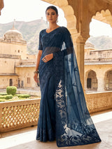 Navy blue organza tissue saree with sophisticated embroidery elegance