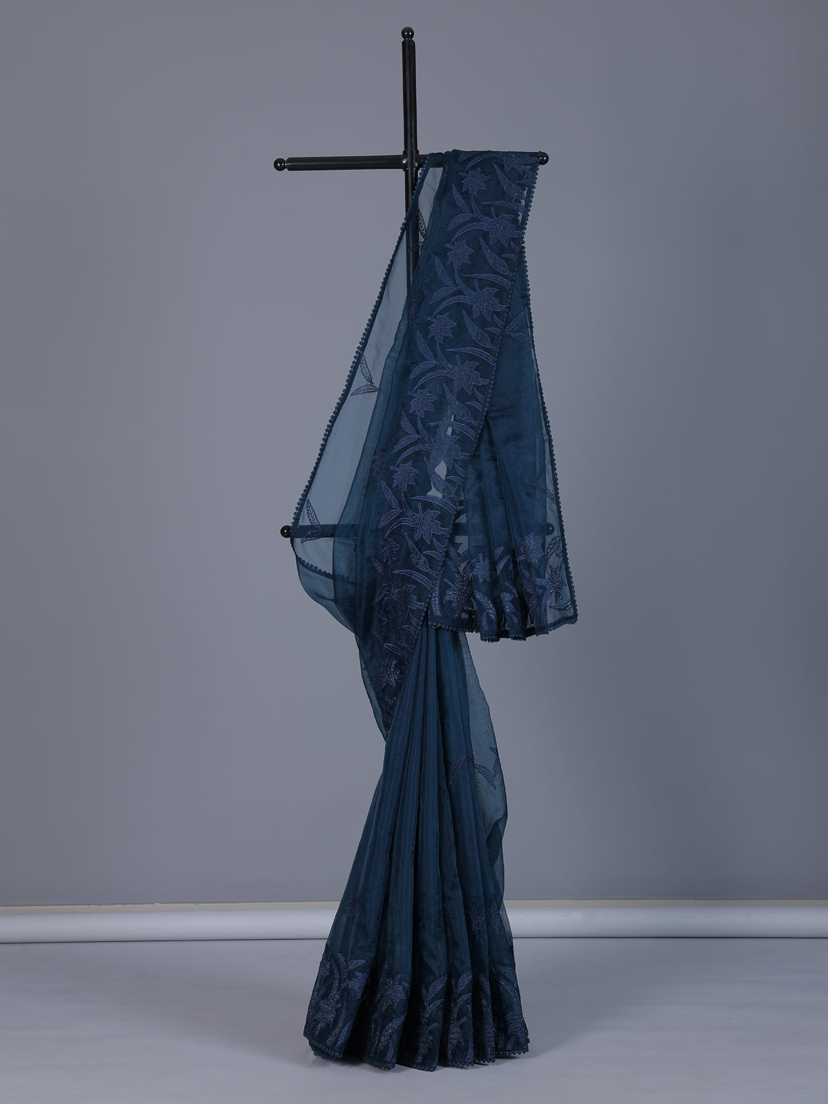 Navy blue organza tissue saree with sophisticated embroidery elegance