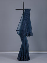 Navy blue organza tissue saree with sophisticated embroidery elegance