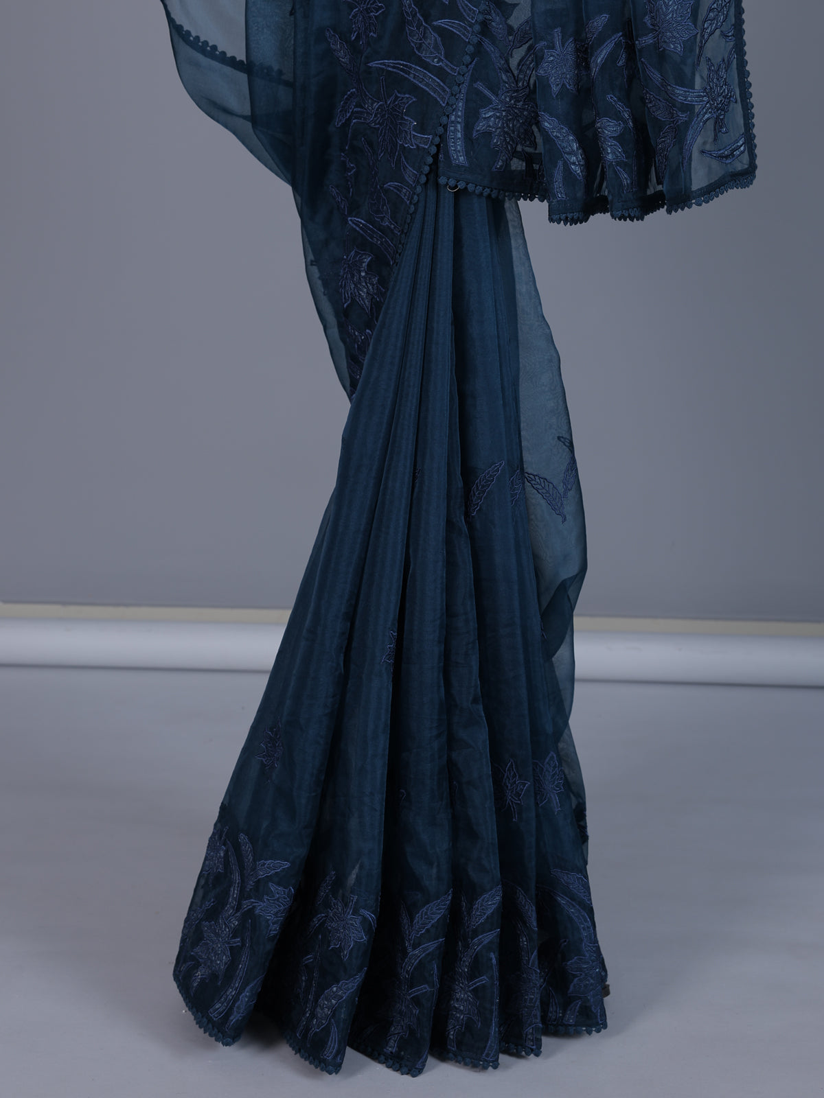 Navy blue organza tissue saree with sophisticated embroidery elegance