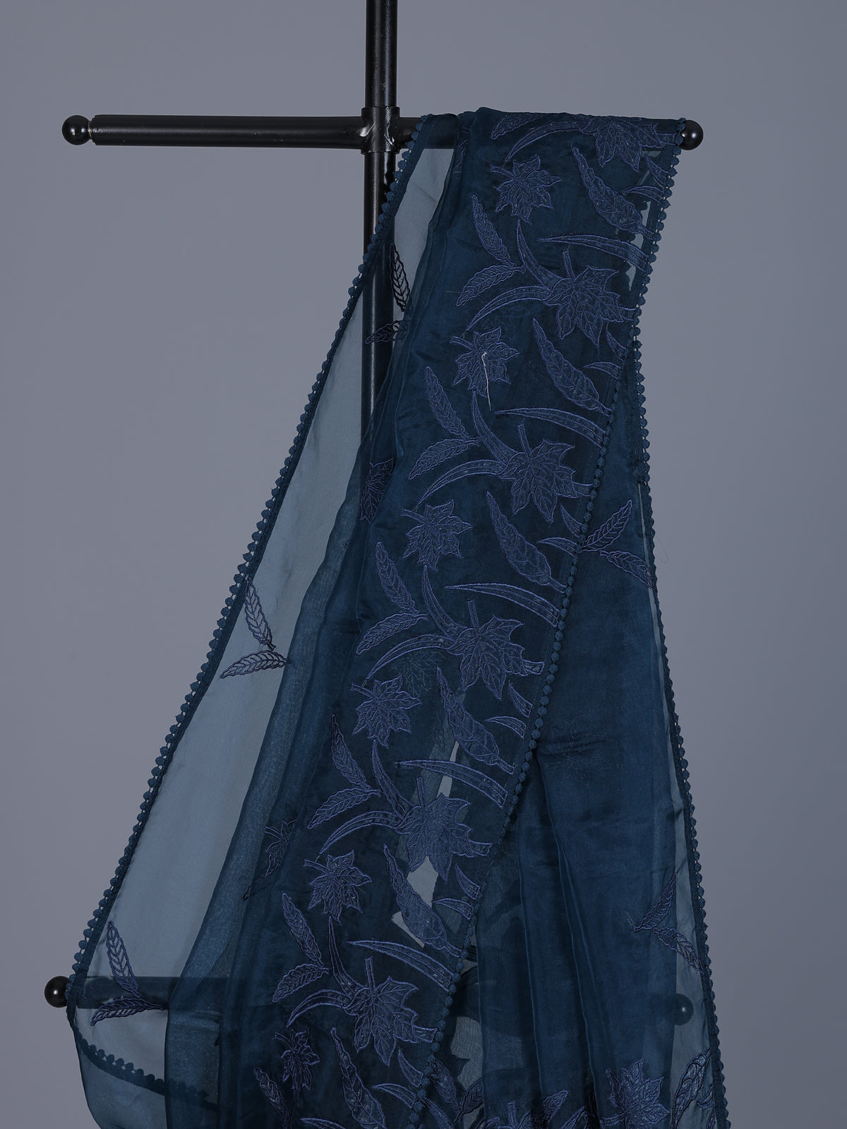 Navy blue organza tissue saree with sophisticated embroidery elegance