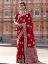 Red silk saree with zari stone and cutdana work