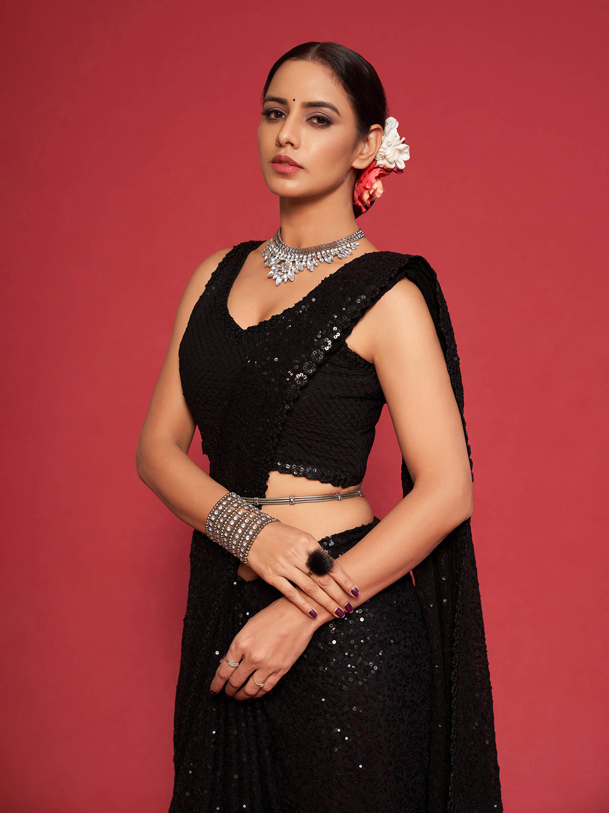Elegant black sequined festive drape saree