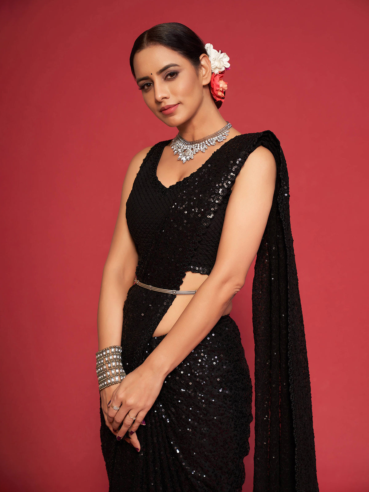 Elegant black sequined festive drape saree