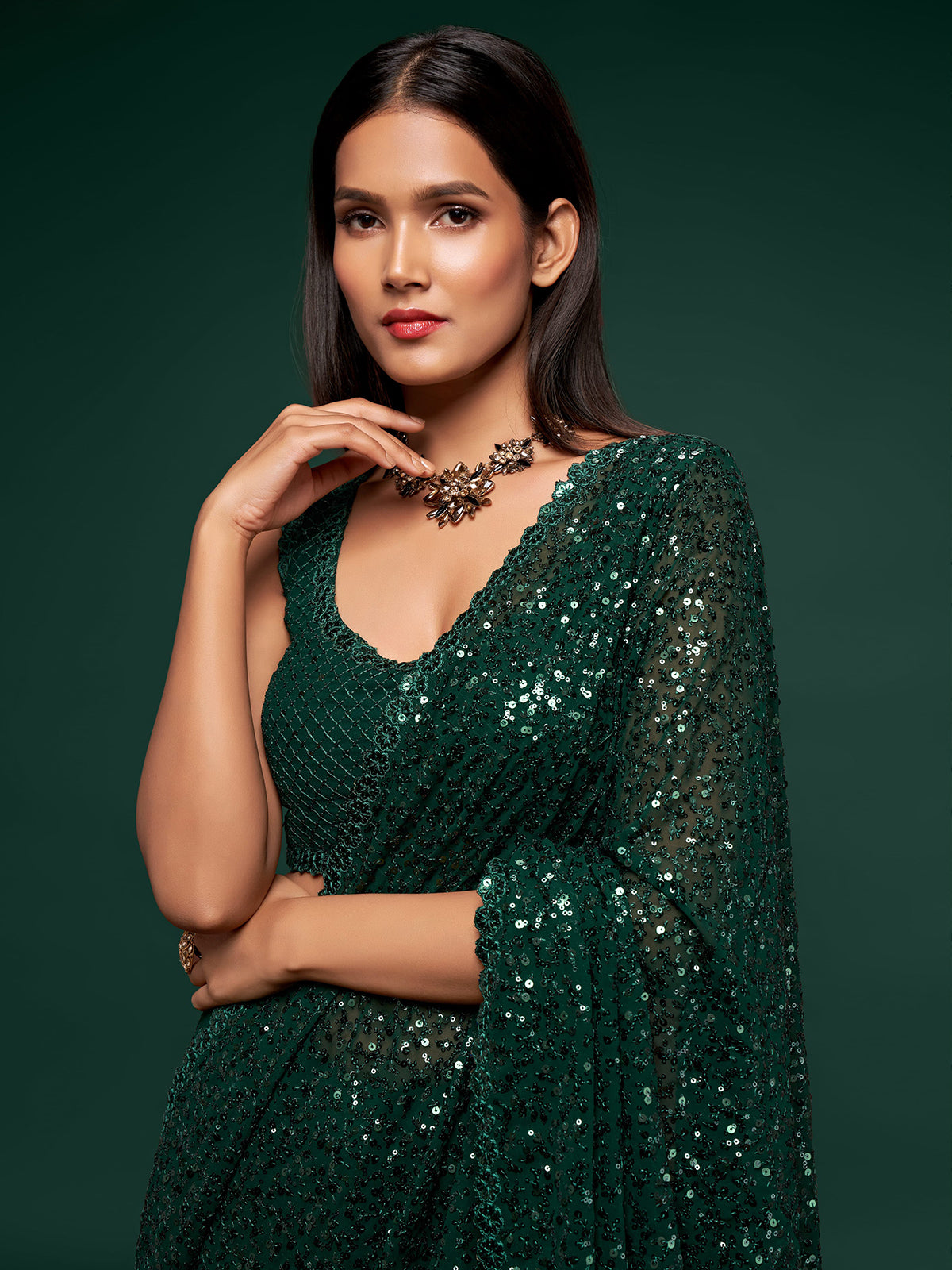 Imperial deep green festive drape saree