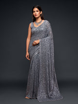Majestic slate grey embellished designer saree