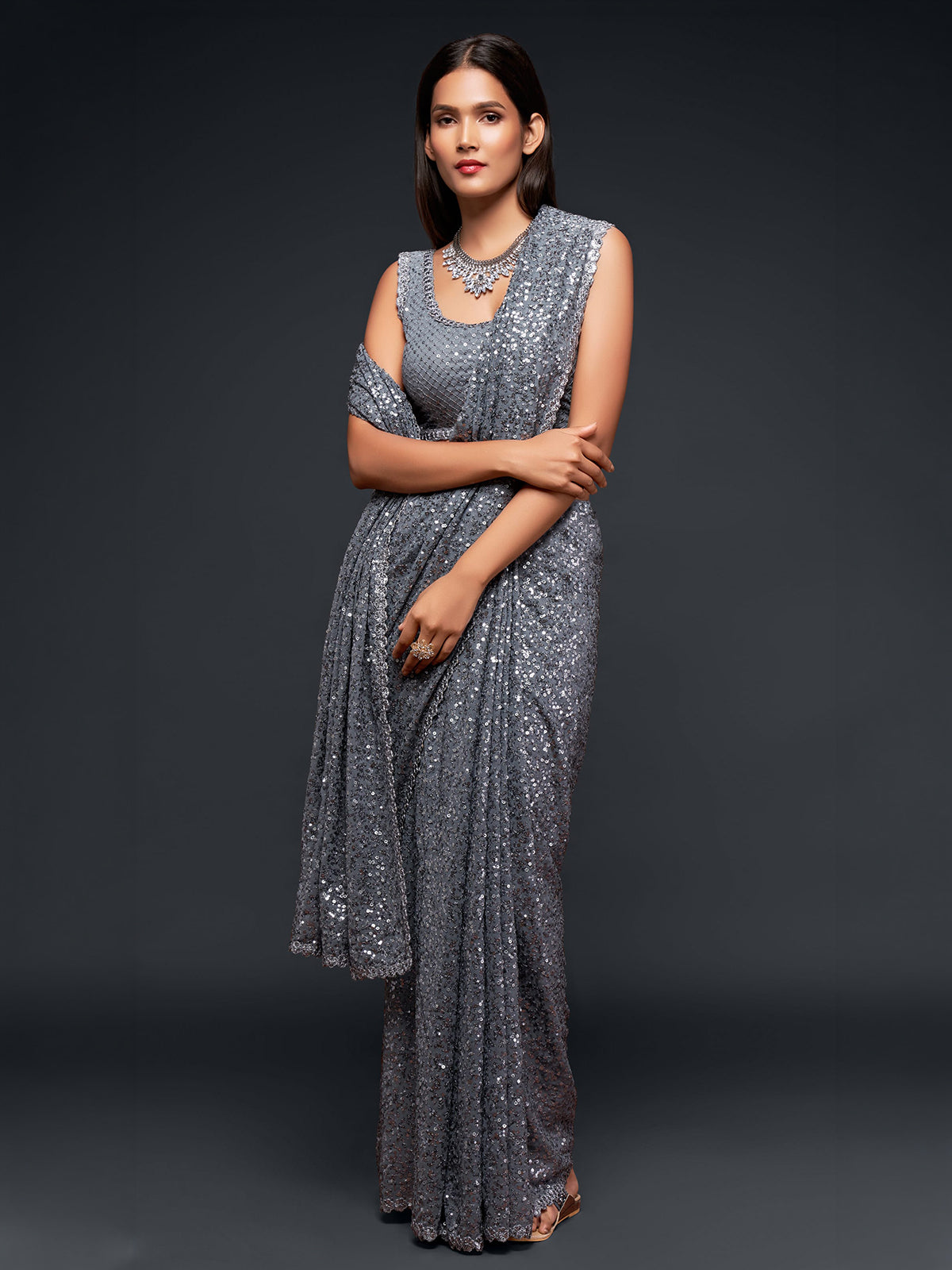 Majestic slate grey embellished designer saree