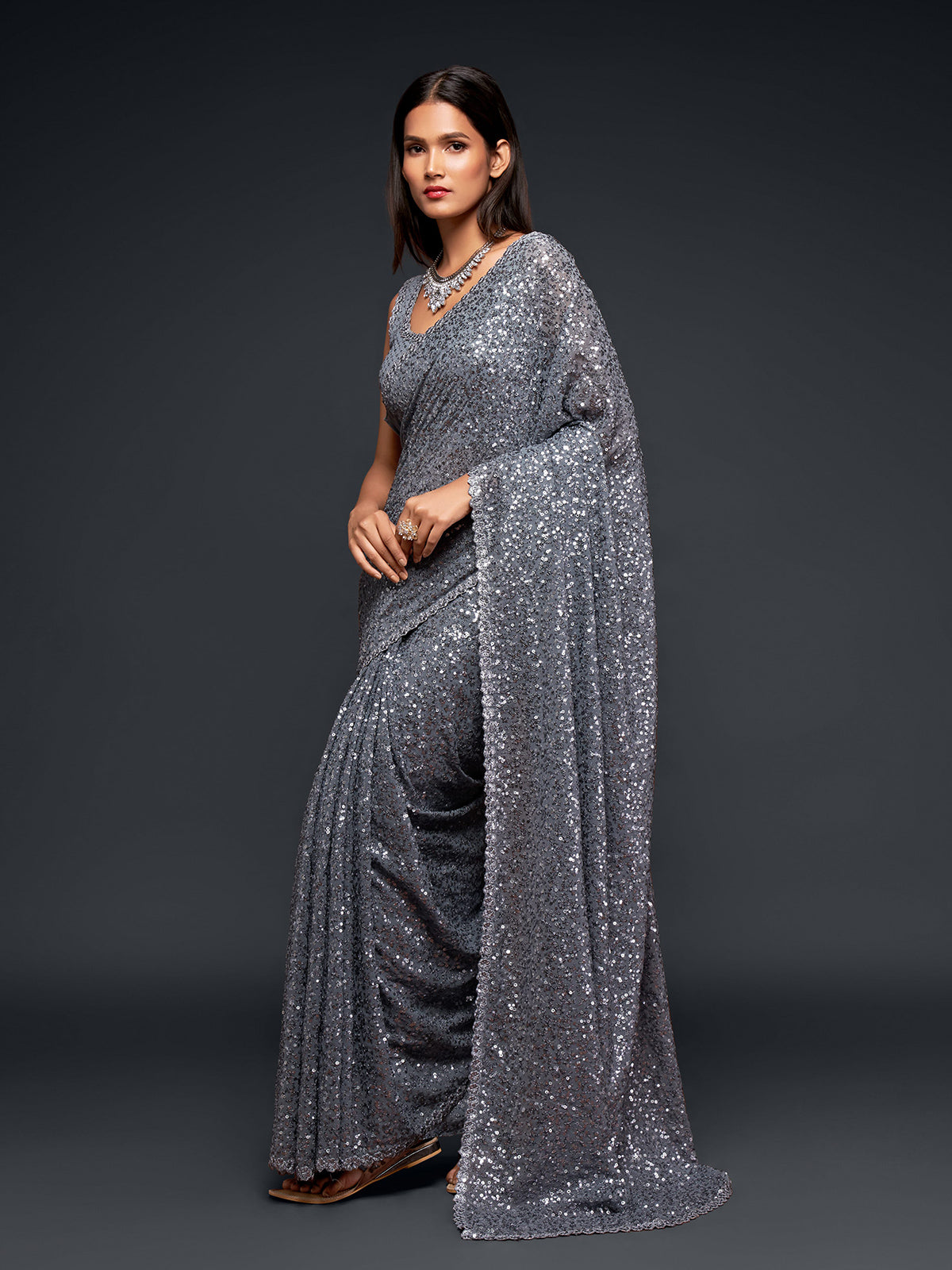 Majestic slate grey embellished designer saree