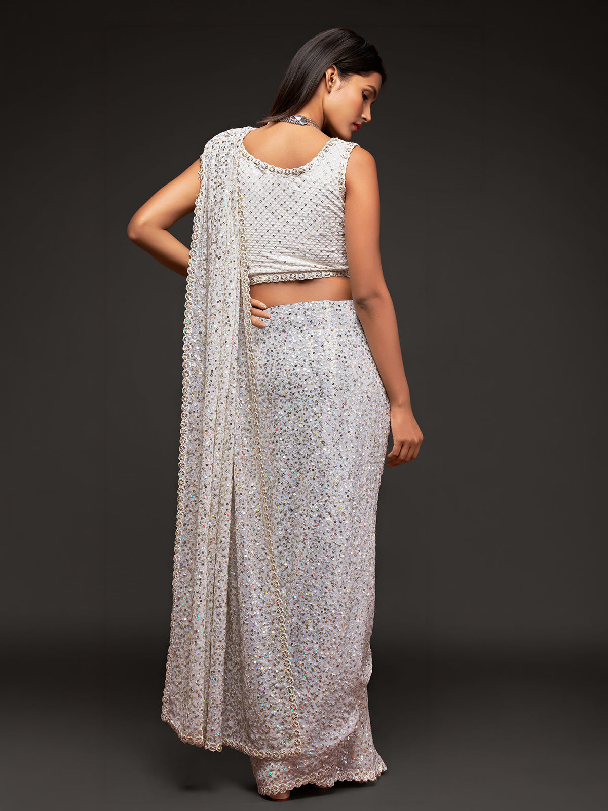 Royal pearl white reception georgette saree