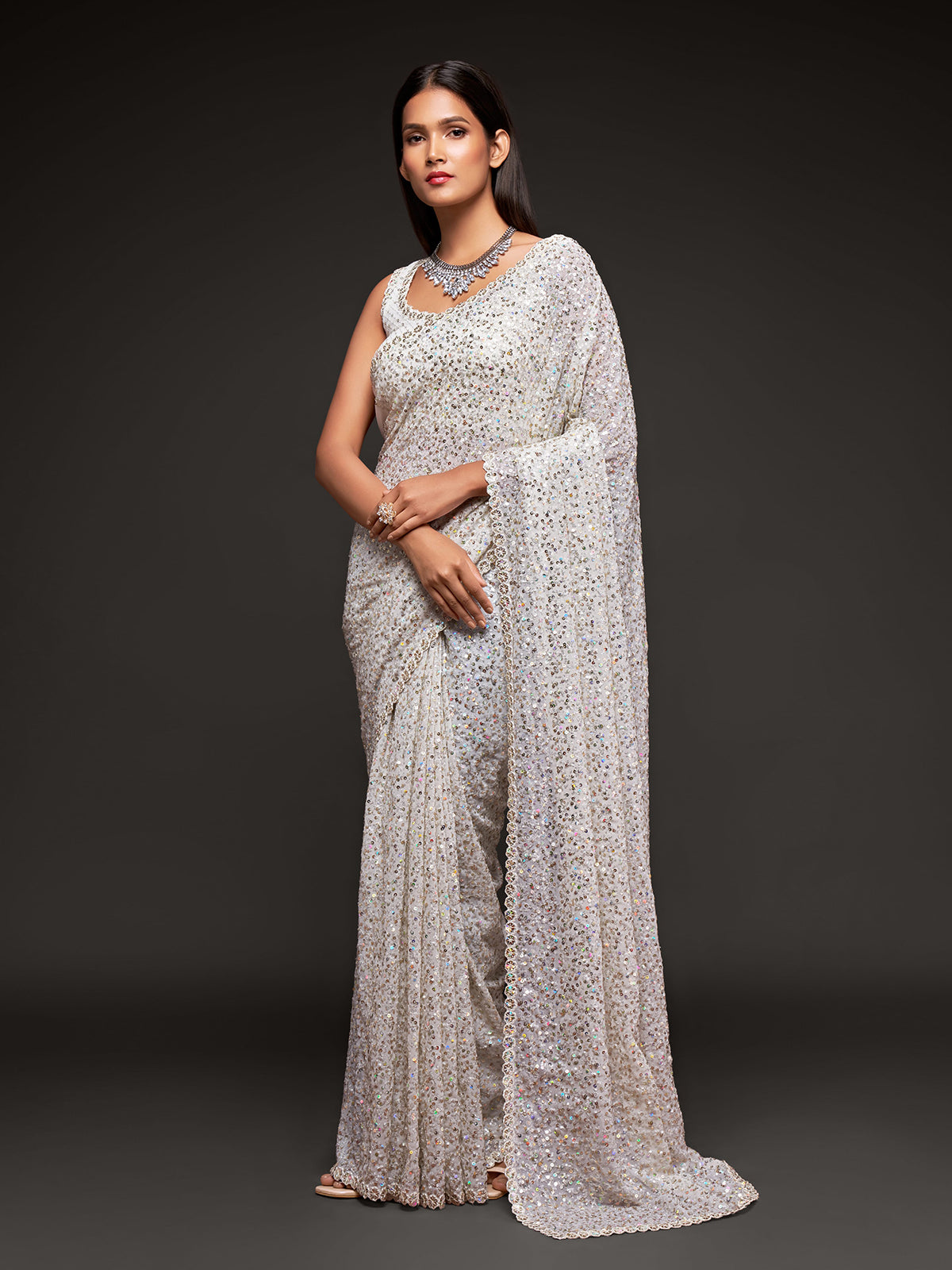 Royal pearl white reception georgette saree