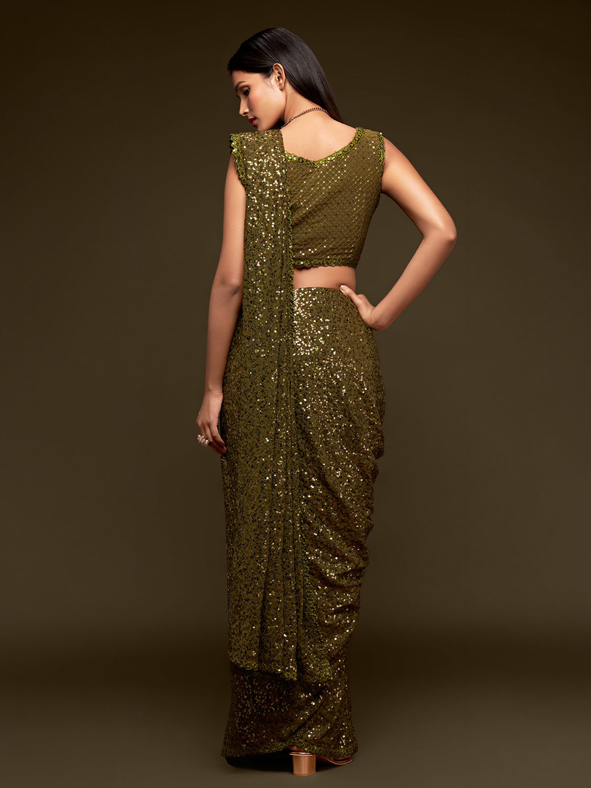 Opulent olive green partywear drape saree