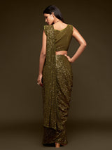 Opulent olive green partywear drape saree